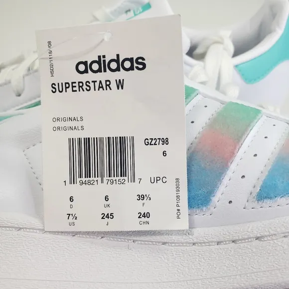 Adidas Superstar White Teal Cute Casual Fluffy Strips Sneakers sz Women's 7.5