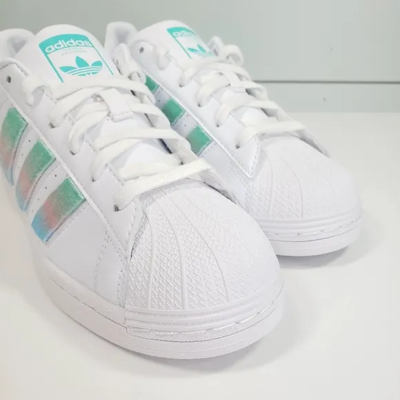 Adidas Superstar White Teal Cute Casual Fluffy Strips Sneakers sz Women's 7.5
