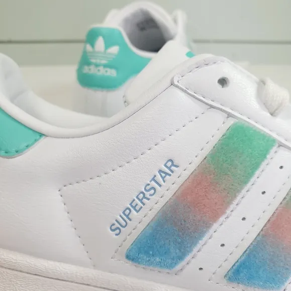Adidas Superstar White Teal Cute Casual Fluffy Strips Sneakers sz Women's 7.5