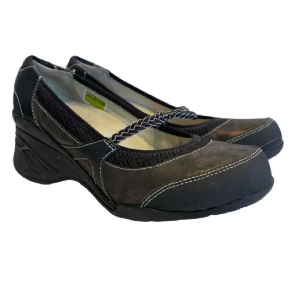 Ahnu Black Metalic Mary Janes Wedge Heels Slip On Shoes Vibram Sole