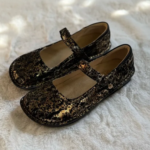 ALEGRIA 39 / 9 NEW Bella Mary Jane • Glammo Black   Gold Foil Leather Shoes