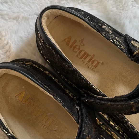 ALEGRIA 39 / 9 NEW Bella Mary Jane • Glammo Black   Gold Foil Leather Shoes