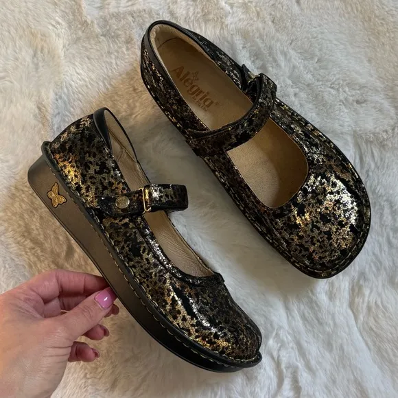 ALEGRIA 39 / 9 NEW Bella Mary Jane • Glammo Black   Gold Foil Leather Shoes