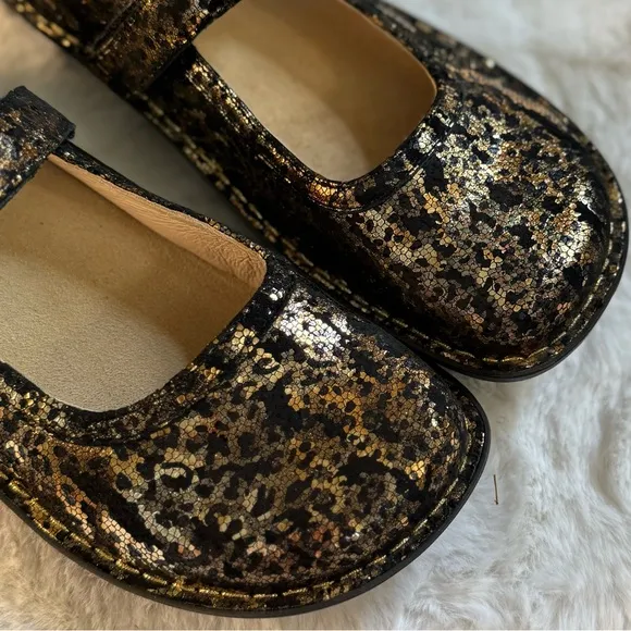 ALEGRIA 39 / 9 NEW Bella Mary Jane • Glammo Black   Gold Foil Leather Shoes