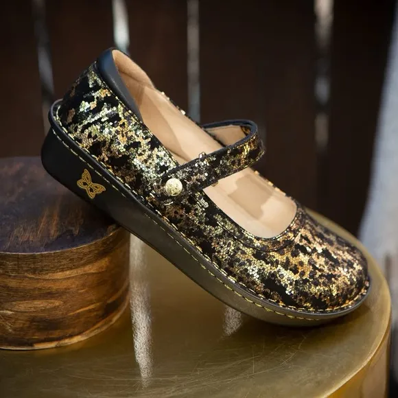 ALEGRIA 39 / 9 NEW Bella Mary Jane • Glammo Black   Gold Foil Leather Shoes