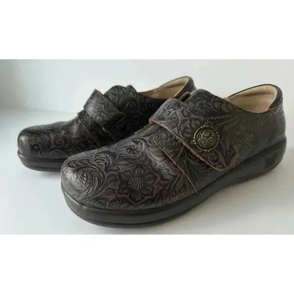 Alegria Mules Clogs Joleen Women 9.5 Tooled Leather Slipon Oxford Molasses Brown