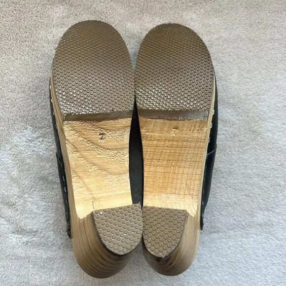 American Apparel Made In USA Black Leather Clog Boho 70s Hippie Wooden Heel US 7