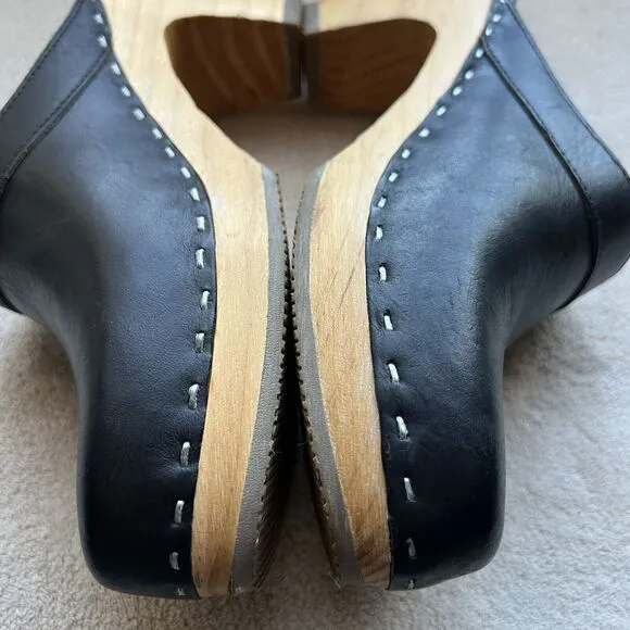 American Apparel Made In USA Black Leather Clog Boho 70s Hippie Wooden Heel US 7
