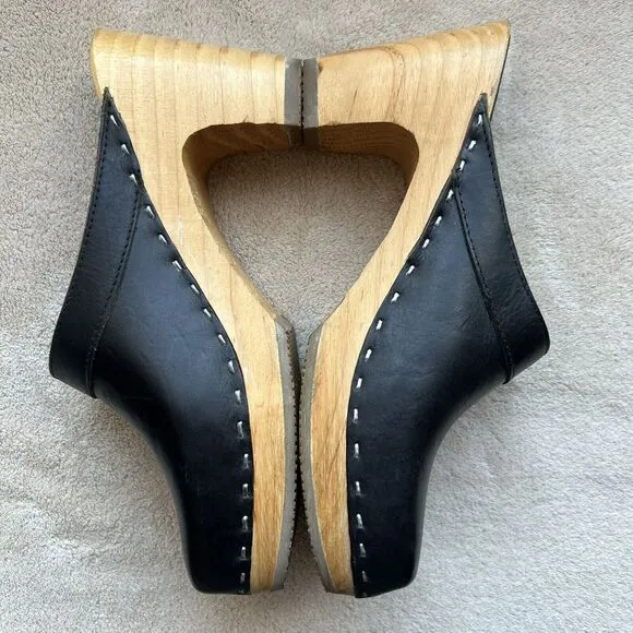 American Apparel Made In USA Black Leather Clog Boho 70s Hippie Wooden Heel US 7