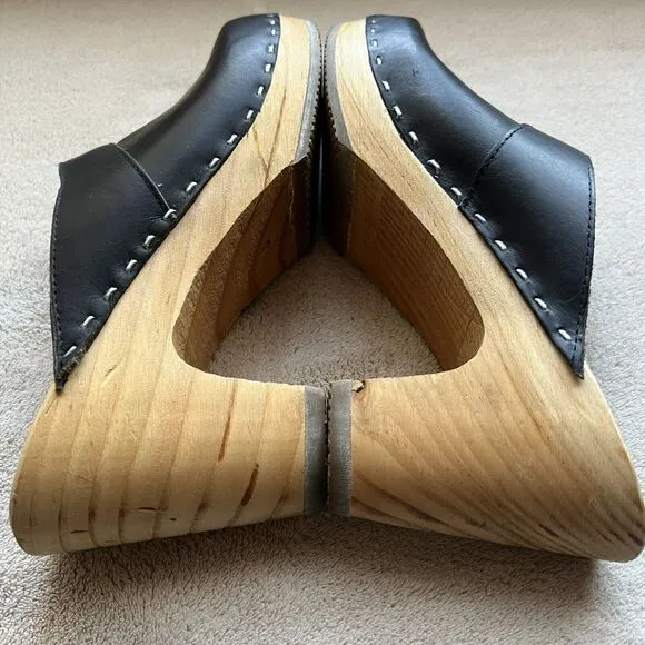 American Apparel Made In USA Black Leather Clog Boho 70s Hippie Wooden Heel US 7