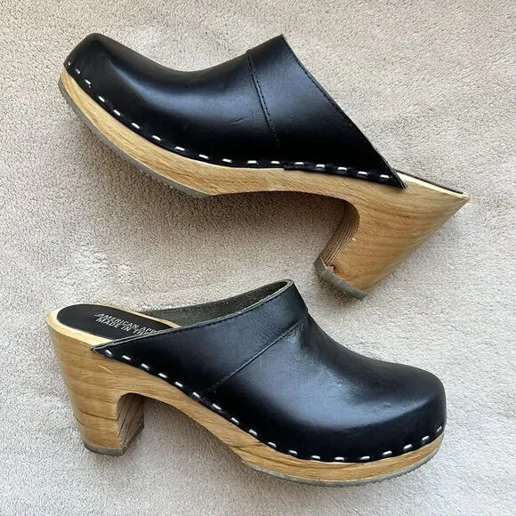 American Apparel Made In USA Black Leather Clog Boho 70s Hippie Wooden Heel US 7