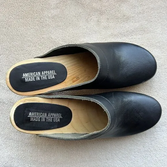 American Apparel Made In USA Black Leather Clog Boho 70s Hippie Wooden Heel US 7