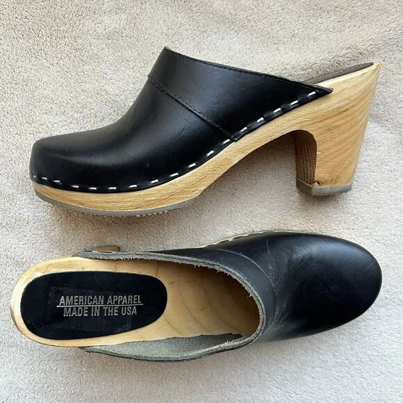 American Apparel Made In USA Black Leather Clog Boho 70s Hippie Wooden Heel US 7