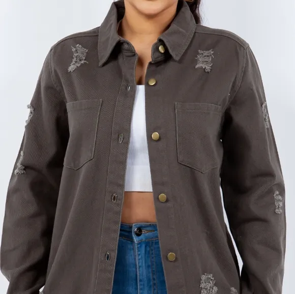 American Bazi Torn Distressed Hole Oversized Shacket Cotton Denim Jean Jacket