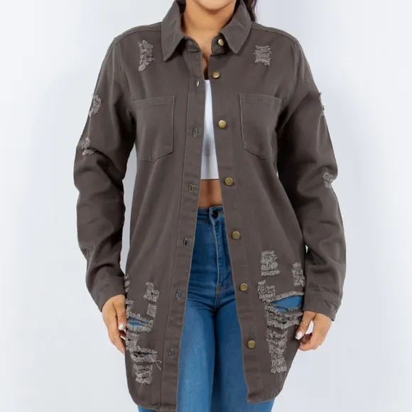 American Bazi Torn Distressed Hole Oversized Shacket Cotton Denim Jean Jacket