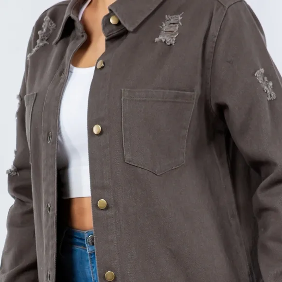 American Bazi Torn Distressed Hole Oversized Shacket Cotton Denim Jean Jacket