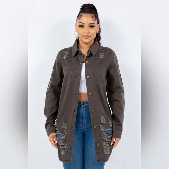 American Bazi Torn Distressed Hole Oversized Shacket Cotton Denim Jean Jacket