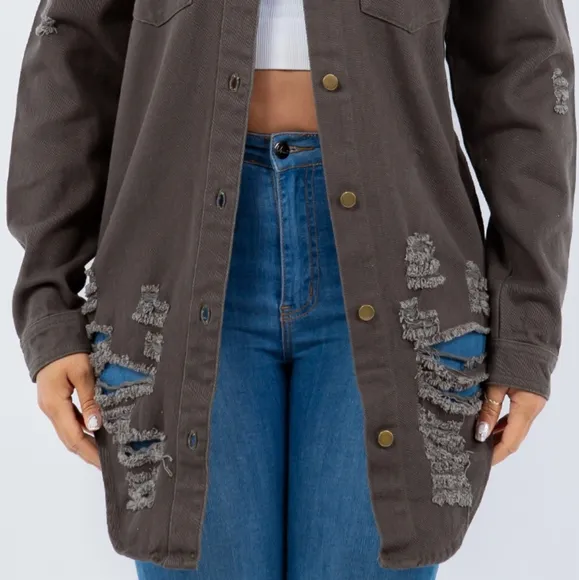 American Bazi Torn Distressed Hole Oversized Shacket Cotton Denim Jean Jacket