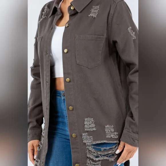 American Bazi Torn Distressed Hole Oversized Shacket Cotton Denim Jean Jacket