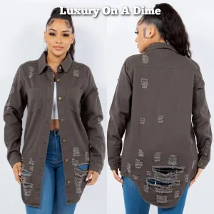 American Bazi Torn Distressed Hole Oversized Shacket Cotton Denim Jean Jacket