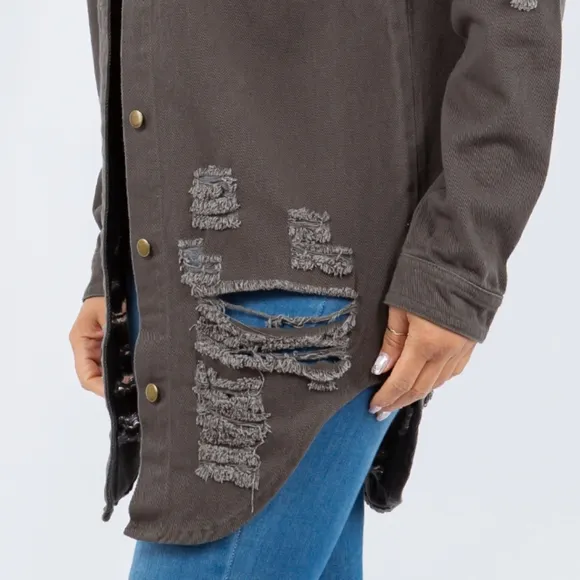 American Bazi Torn Distressed Hole Oversized Shacket Cotton Denim Jean Jacket