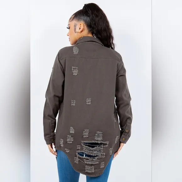 American Bazi Torn Distressed Hole Oversized Shacket Cotton Denim Jean Jacket