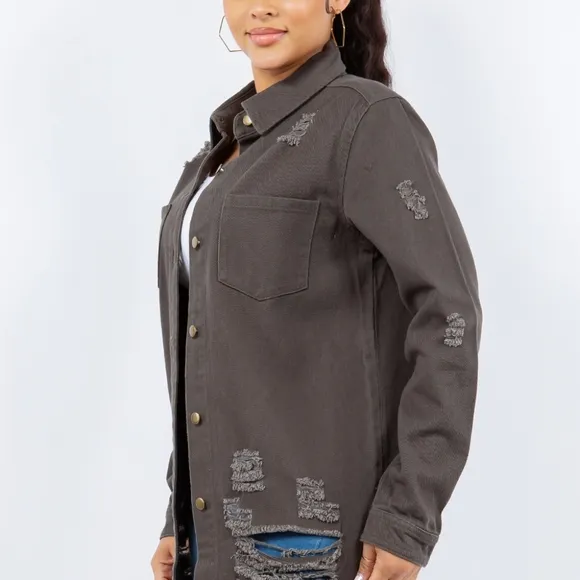 American Bazi Torn Distressed Hole Oversized Shacket Cotton Denim Jean Jacket