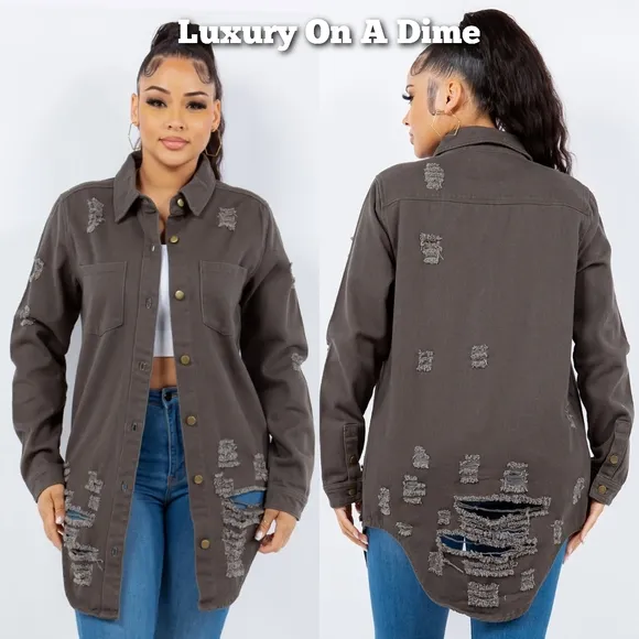American Bazi Torn Distressed Hole Oversized Shacket Cotton Denim Jean Jacket