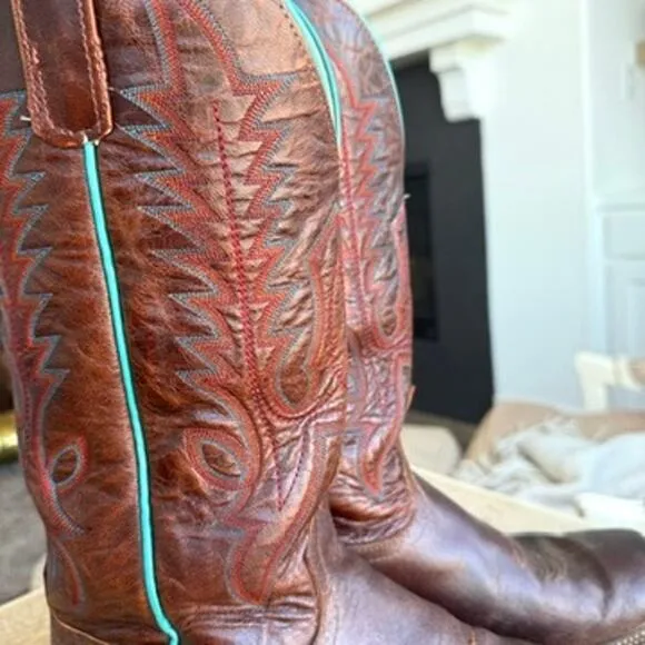 Anderson Bean Western Boots Brown Leather Turquoise Trim Men 9.5 USA Cowboy