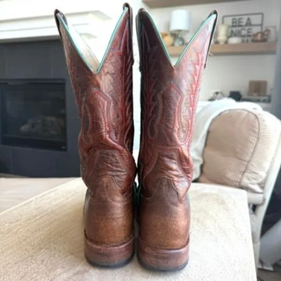 Anderson Bean Western Boots Brown Leather Turquoise Trim Men 9.5 USA Cowboy