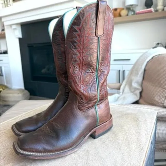 Anderson Bean Western Boots Brown Leather Turquoise Trim Men 9.5 USA Cowboy