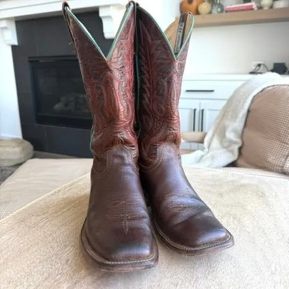 Anderson Bean Western Boots Brown Leather Turquoise Trim Men 9.5 USA Cowboy