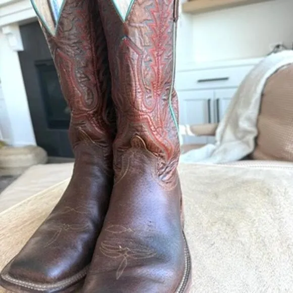 Anderson Bean Western Boots Brown Leather Turquoise Trim Men 9.5 USA Cowboy