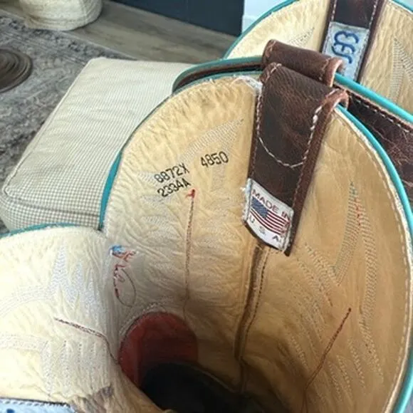 Anderson Bean Western Boots Brown Leather Turquoise Trim Men 9.5 USA Cowboy