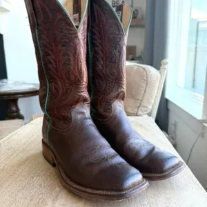 Anderson Bean Western Boots Brown Leather Turquoise Trim Men 9.5 USA Cowboy