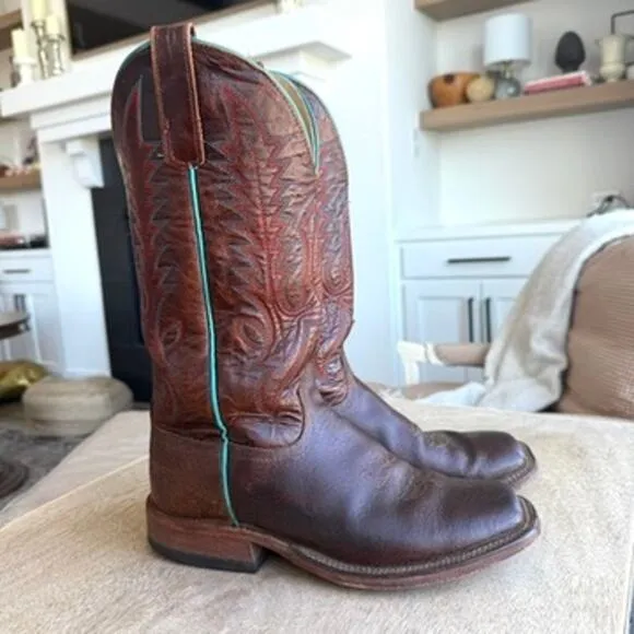 Anderson Bean Western Boots Brown Leather Turquoise Trim Men 9.5 USA Cowboy