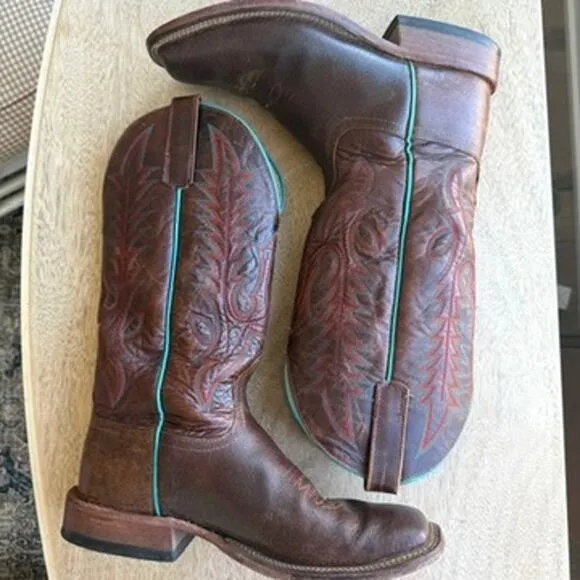 Anderson Bean Western Boots Brown Leather Turquoise Trim Men 9.5 USA Cowboy