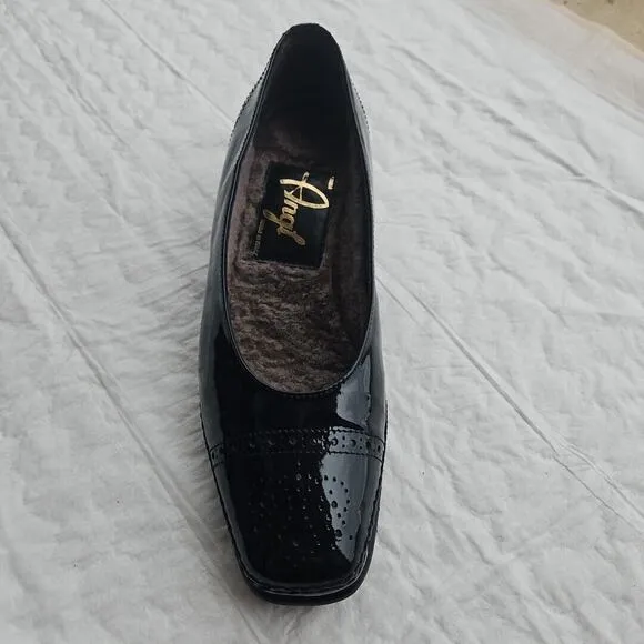 Angl Italian Black Patent Leather Day Heel Women's Shoes Sz 38.5 (US 8) Oxford