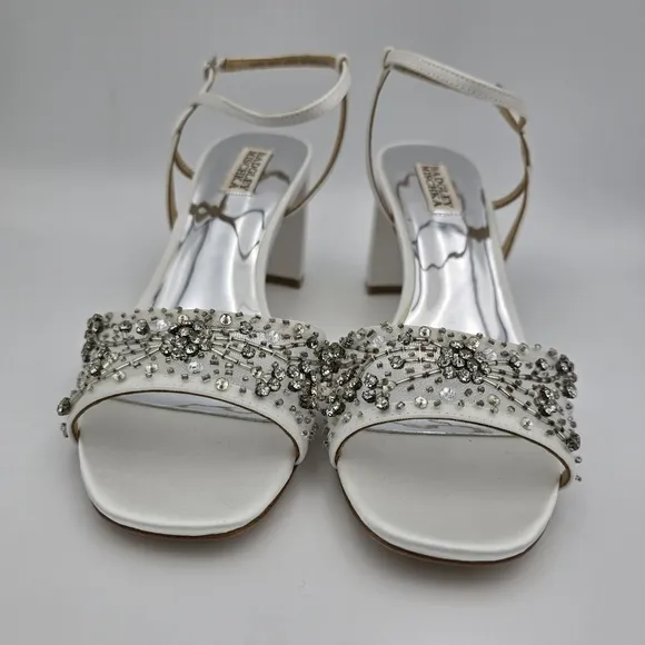 Badgley Mischka Blaine Embellished Block Heel Sandals, Soft White, Women's 9