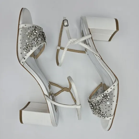 Badgley Mischka Blaine Embellished Block Heel Sandals, Soft White, Women's 9
