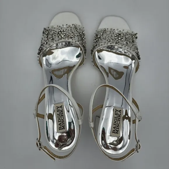 Badgley Mischka Blaine Embellished Block Heel Sandals, Soft White, Women's 9