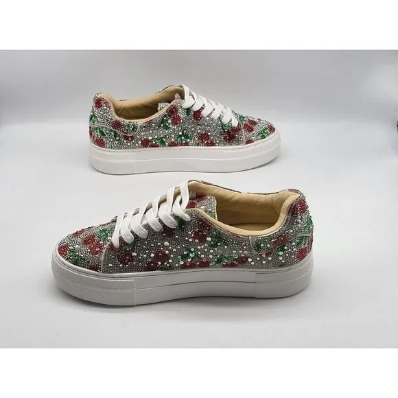 Betsey Johnson Sidney Floral Rhinestone Womens Shoes Size 6.5M Silver Red Green