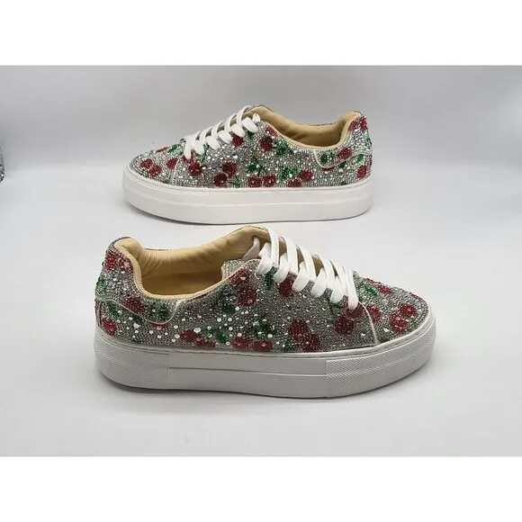 Betsey Johnson Sidney Floral Rhinestone Womens Shoes Size 6.5M Silver Red Green