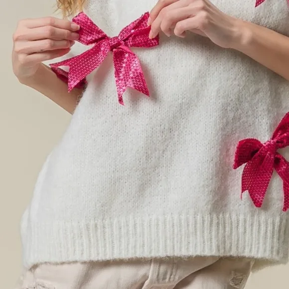 BiBi Wool Sequin Bow Sweater Oversized Half Puff Sleeve Soft Sparkling Statement
