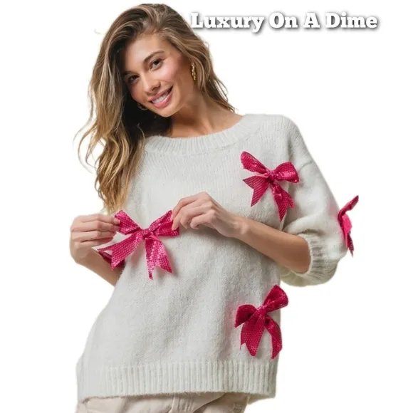 BiBi Wool Sequin Bow Sweater Oversized Half Puff Sleeve Soft Sparkling Statement