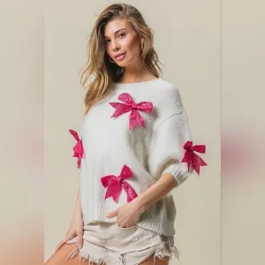 BiBi Wool Sequin Bow Sweater Oversized Half Puff Sleeve Soft Sparkling Statement