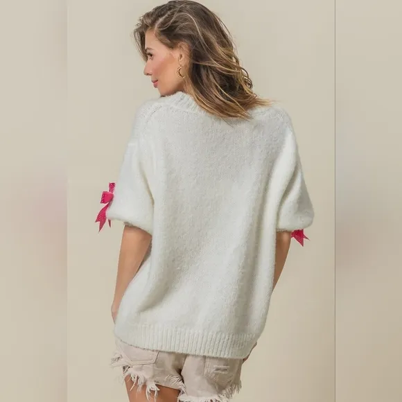 BiBi Wool Sequin Bow Sweater Oversized Half Puff Sleeve Soft Sparkling Statement