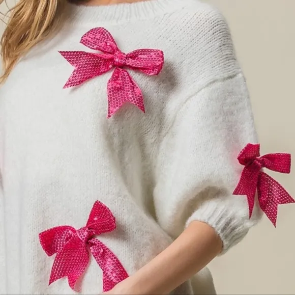 BiBi Wool Sequin Bow Sweater Oversized Half Puff Sleeve Soft Sparkling Statement
