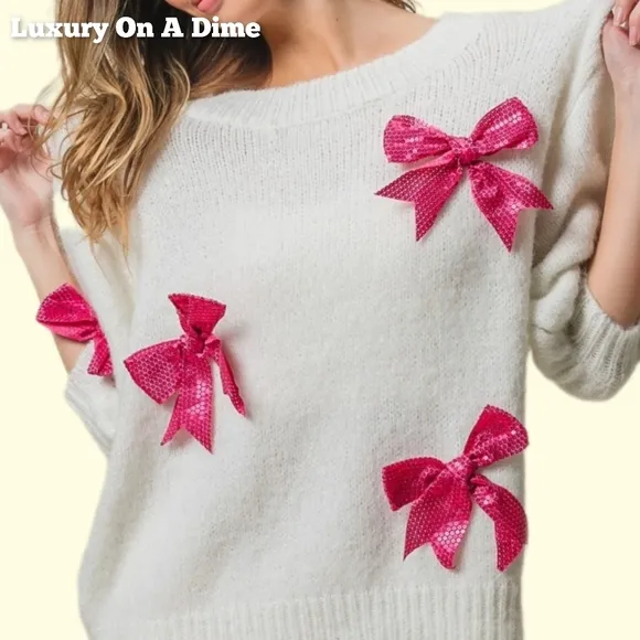 BiBi Wool Sequin Bow Sweater Oversized Half Puff Sleeve Soft Sparkling Statement