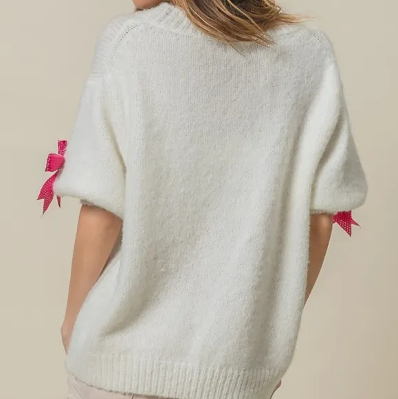BiBi Wool Sequin Bow Sweater Oversized Half Puff Sleeve Soft Sparkling Statement